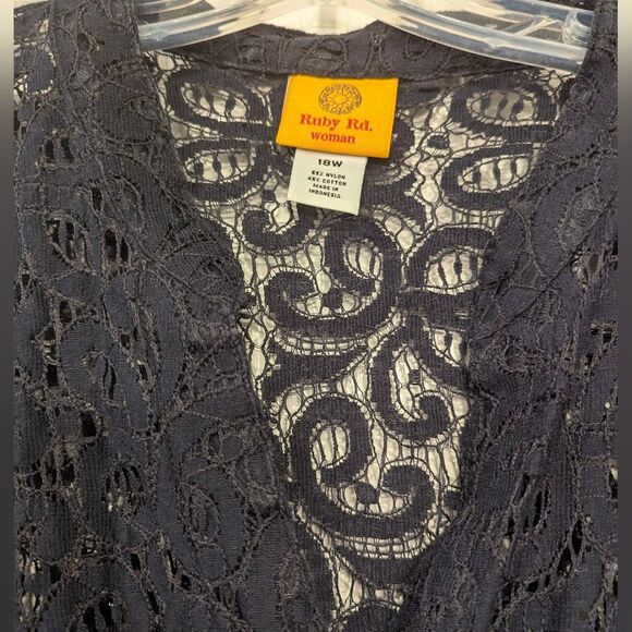 Ruby Rd. Women's Black Navy Lace Sheer 3/4 Sleeve Embellished Button Shirt 18W - Picture 6 of 8